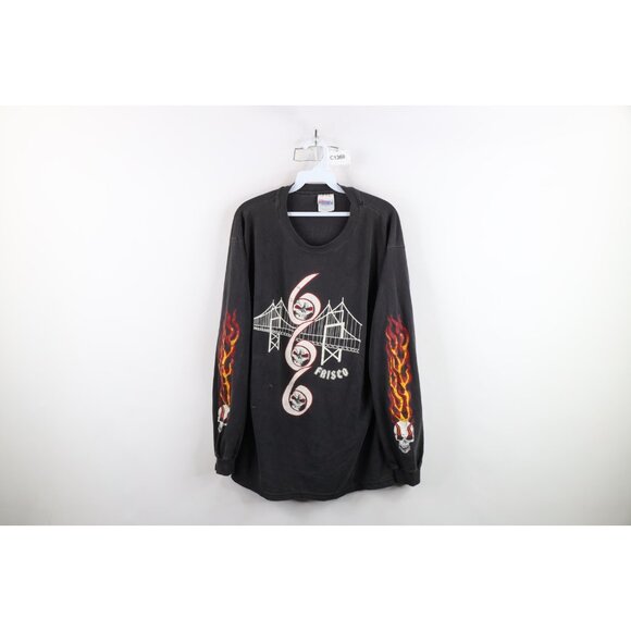Vintage 90s Mens Large Faded 666 San Francisco Skull Flames Long Sleeve T-Shirt